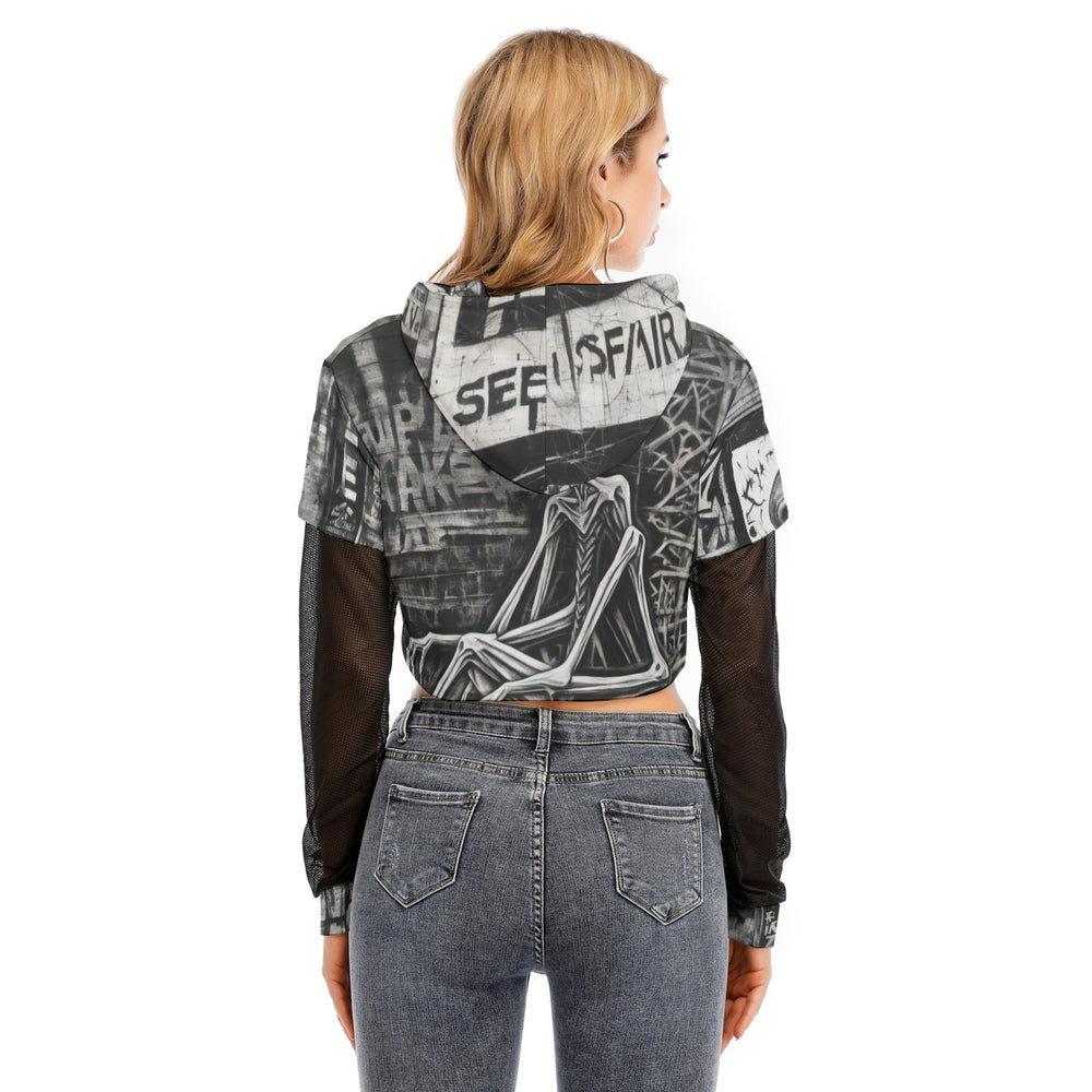 OTEKA Black Work Alien Mesh Sleeve Cropped Hoodie