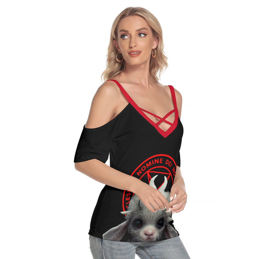 MONSTERAF Too cute Shoulder T-shirt With Criss Cross Strips