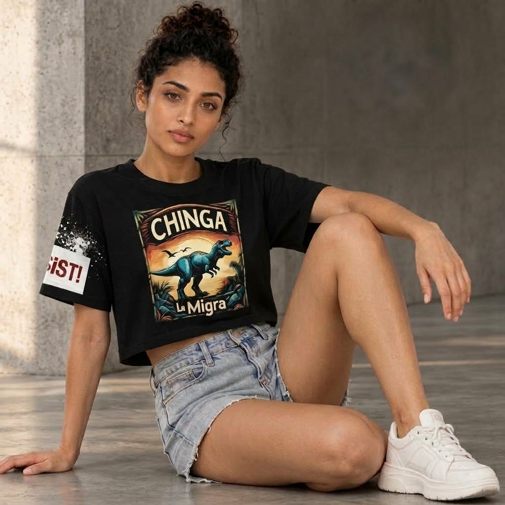RESIST cropped Chinga La Migra Dino Cotton Shirt