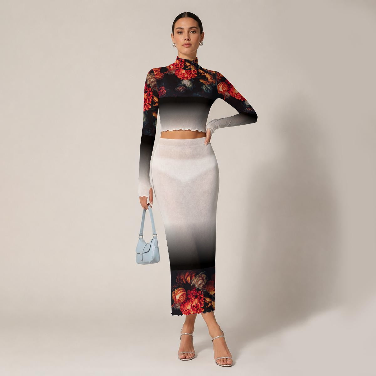 OTEKA Rose All-Over Print Women's High Neck Skirt Set With Thumb Hole