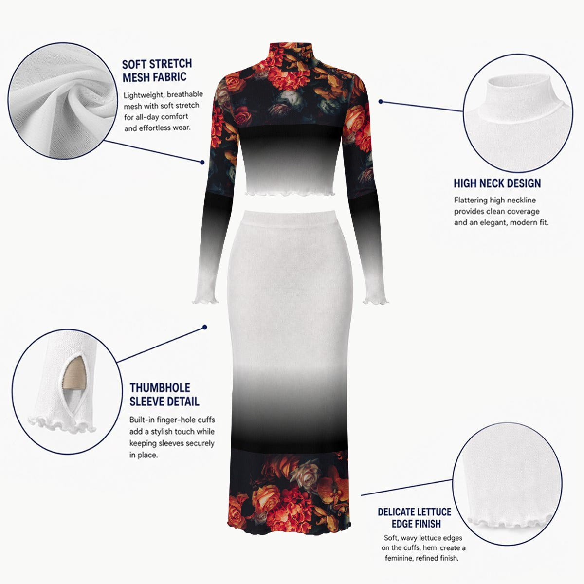 OTEKA Rose All-Over Print Women's High Neck Skirt Set With Thumb Hole
