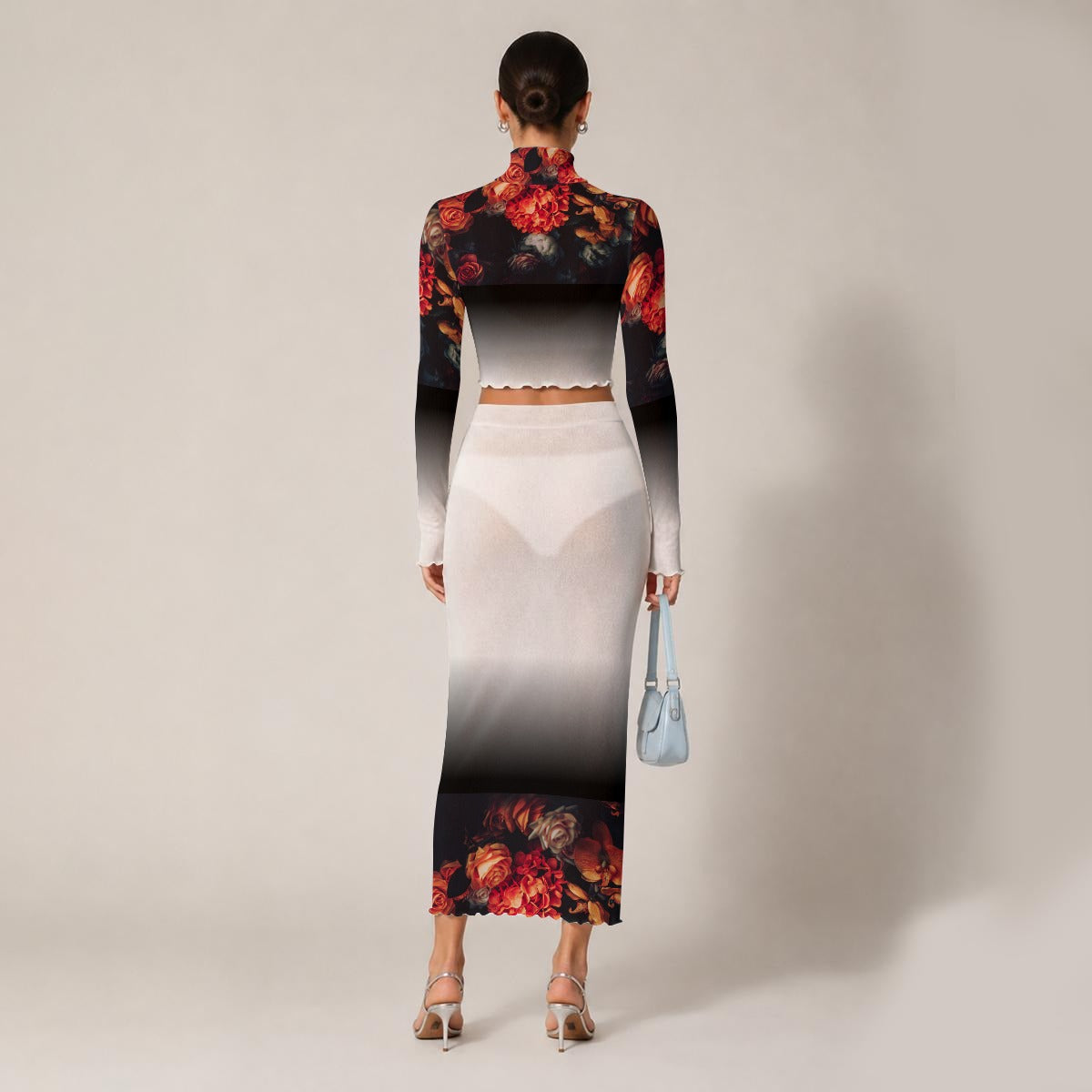 OTEKA Rose All-Over Print Women's High Neck Skirt Set With Thumb Hole