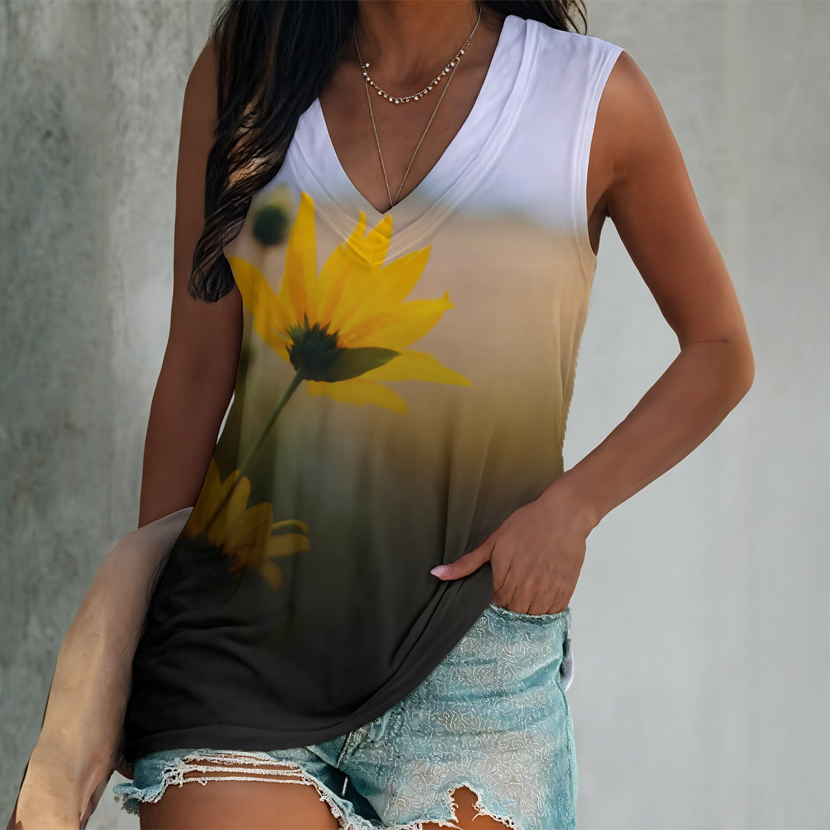OTEKA Sunflower Sleeveless V-Neck Tank Top
