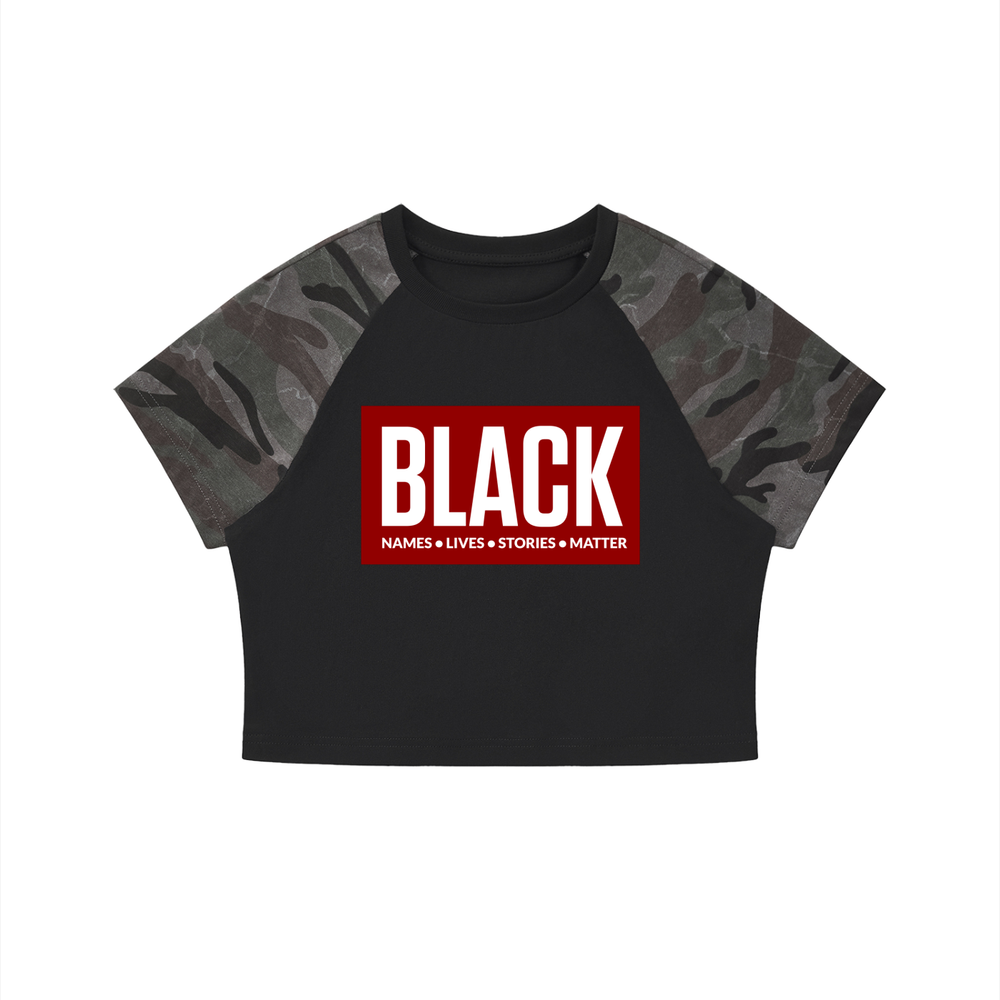 RESIST Black Names Women’s Camo Raglan Crop T-Shirt