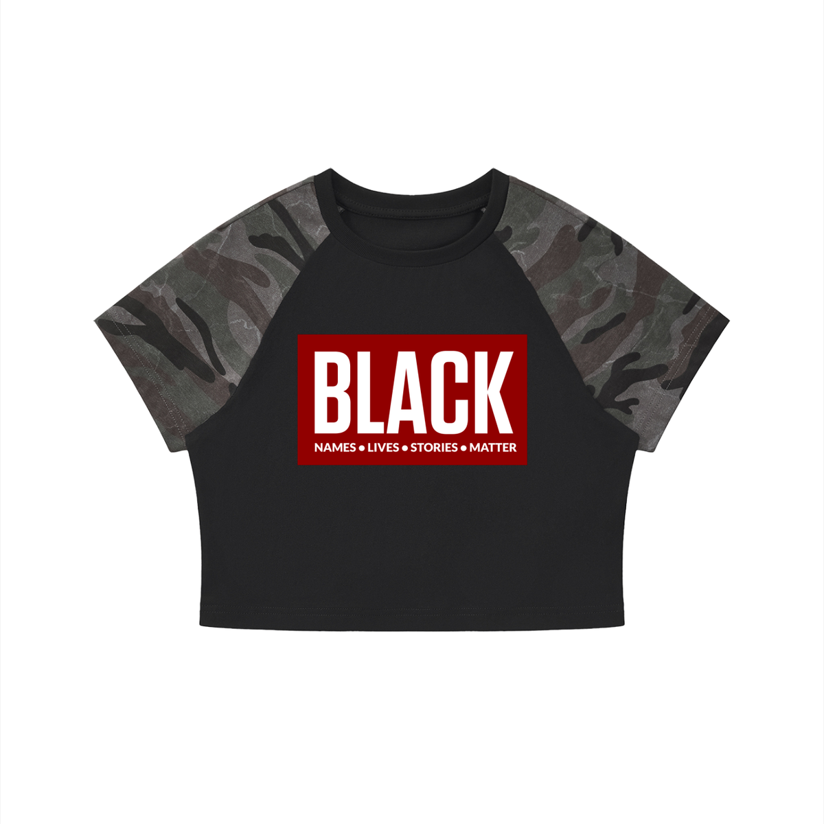 RESIST Black Names Women’s Camo Raglan Crop T-Shirt