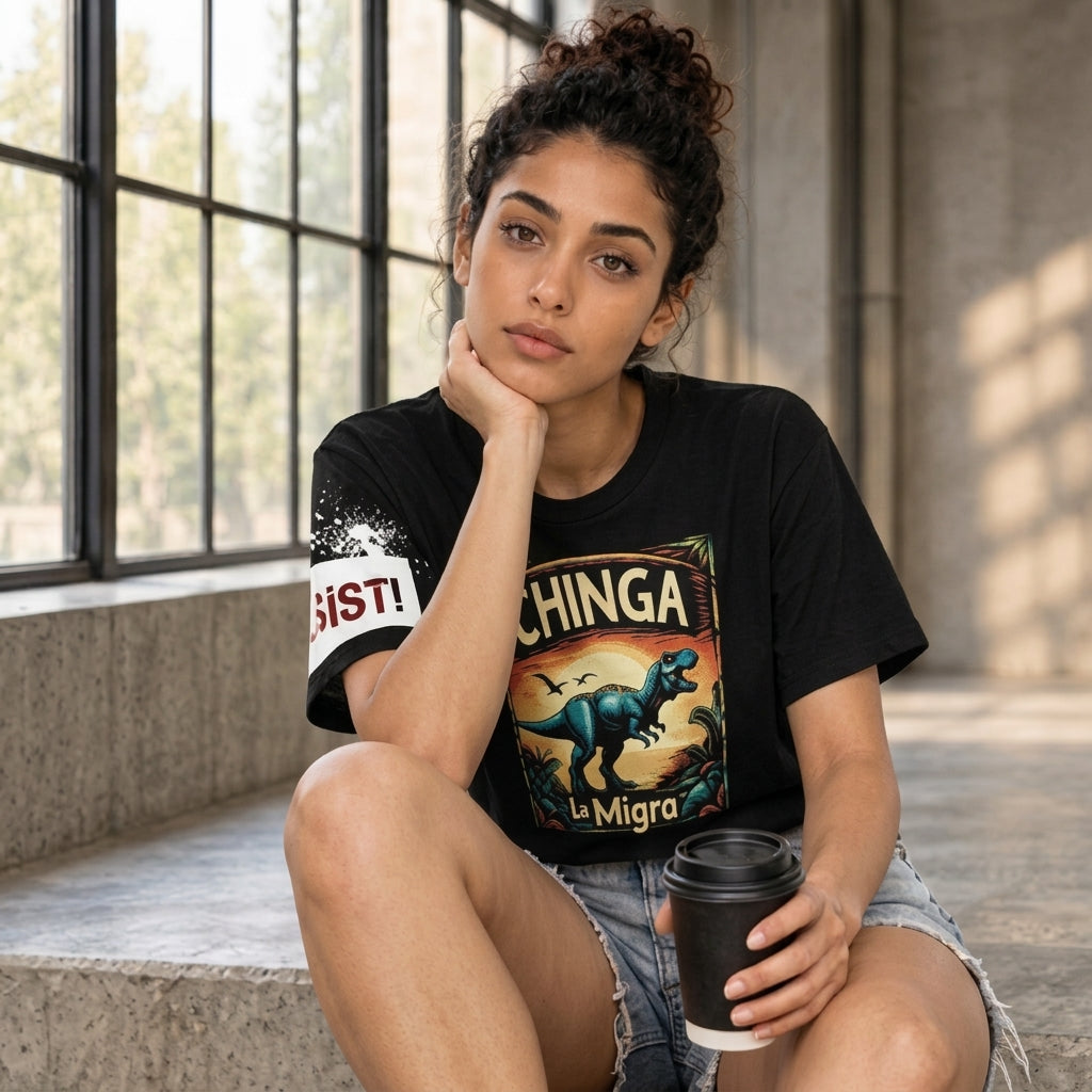 RESIST cropped Chinga La Migra Dino Cotton Shirt