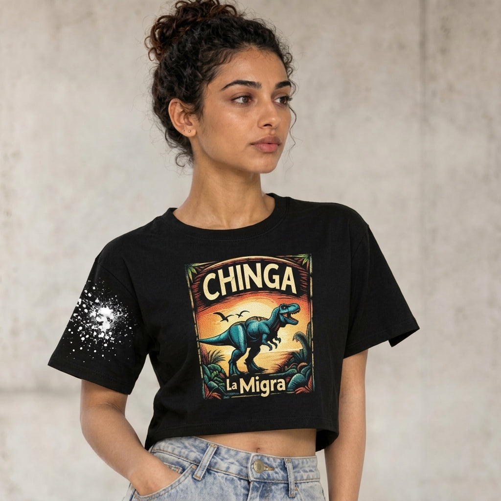 RESIST cropped Chinga La Migra Dino Cotton Shirt