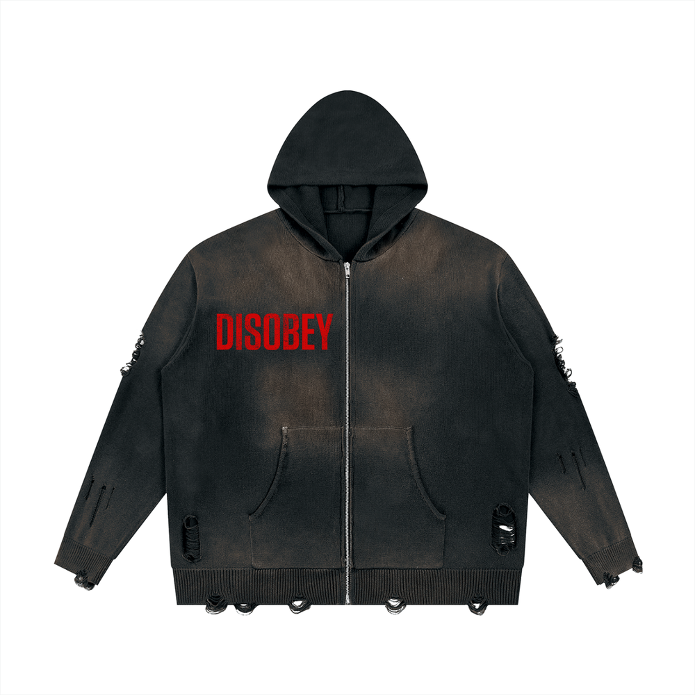 RESIST Disobey Unisex Distressed Full Zip Hoodie Sweater