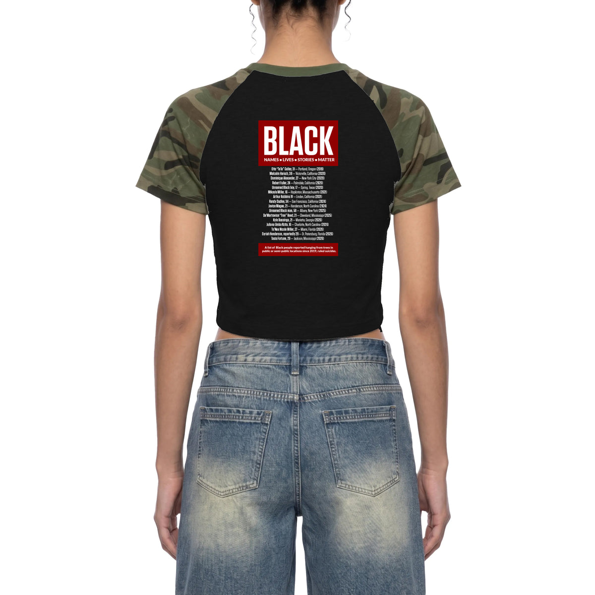 RESIST Black Names Women’s Camo Raglan Crop T-Shirt