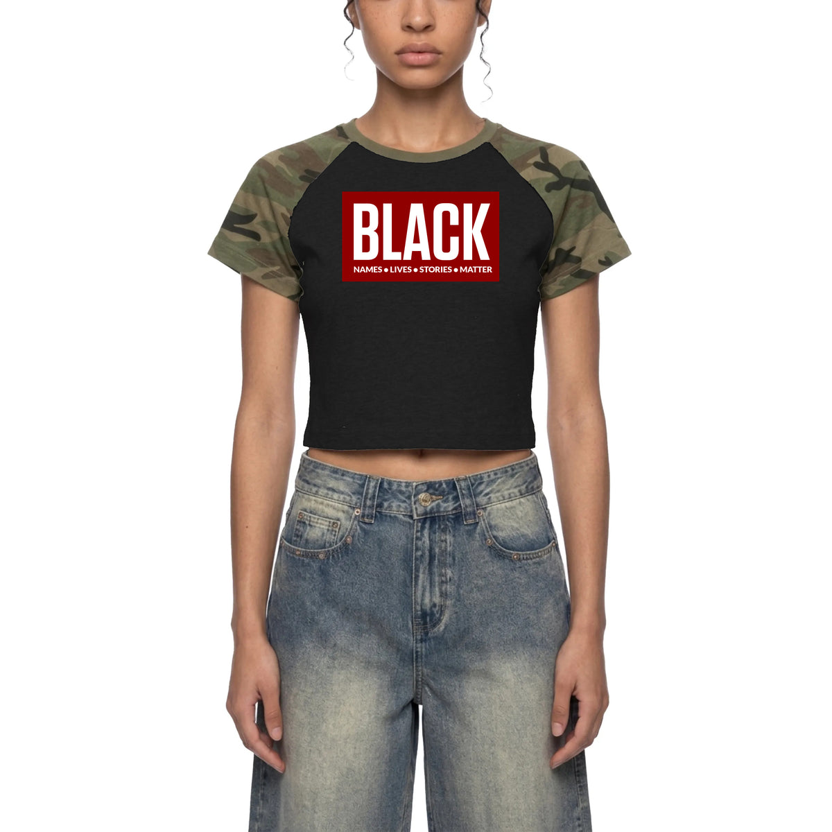 RESIST Black Names Women’s Camo Raglan Crop T-Shirt