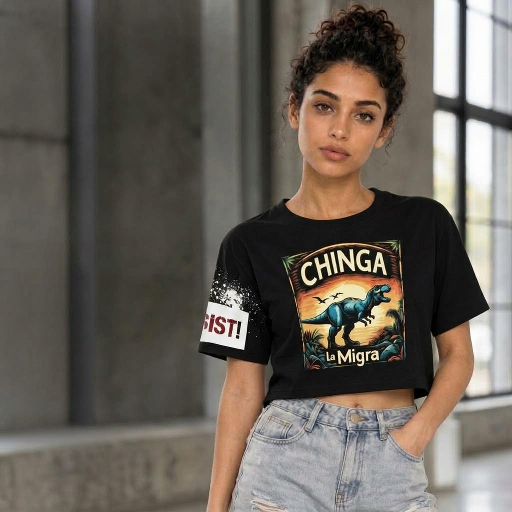 RESIST cropped Chinga La Migra Dino Cotton Shirt