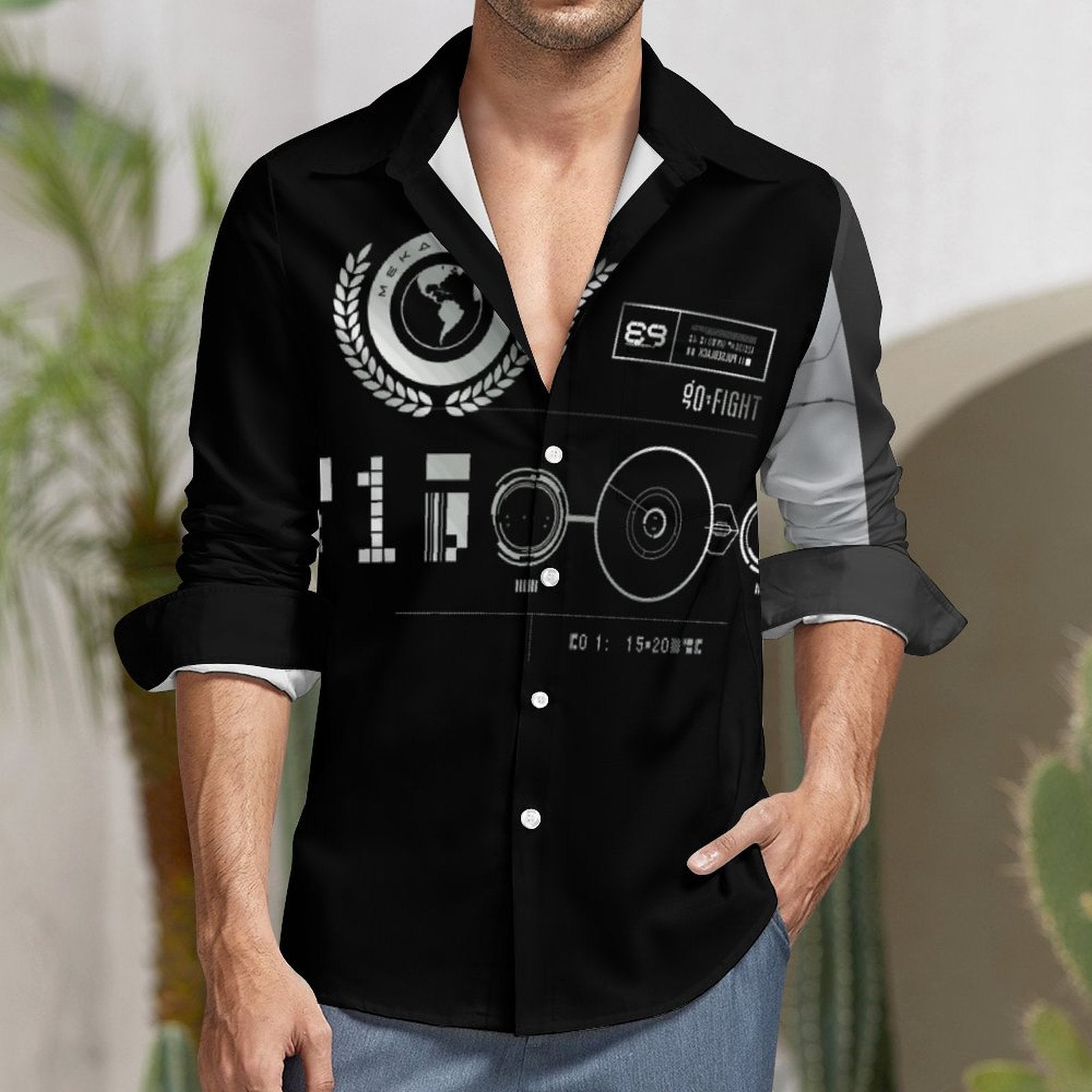 Faux Linen Men Long Sleeve Shirt with Pocket LS (All-Over Printing)