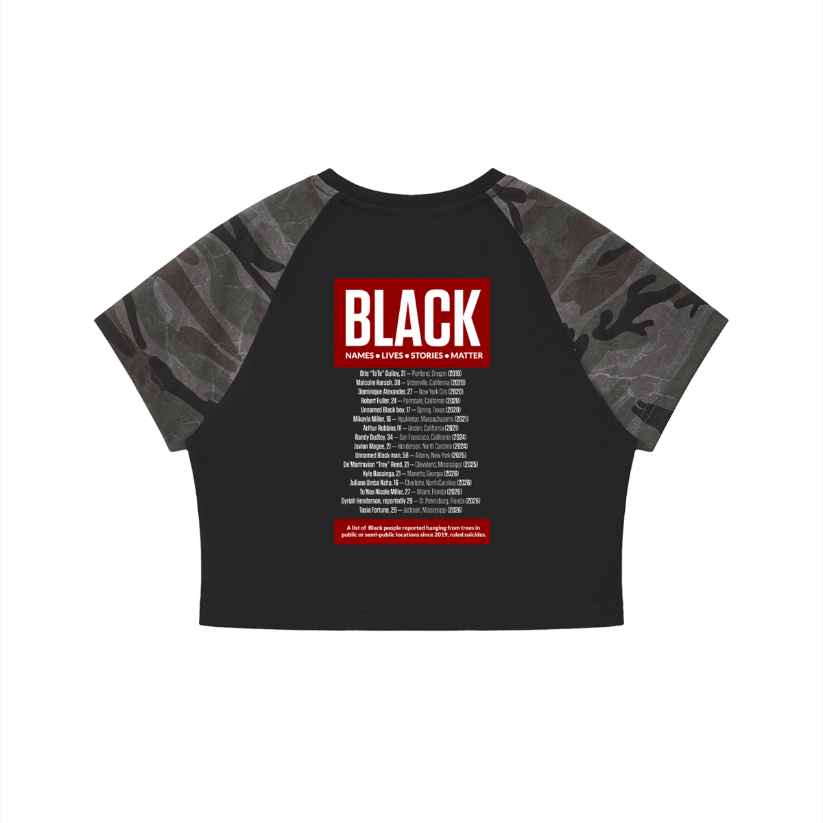 RESIST Black Names Women’s Camo Raglan Crop T-Shirt