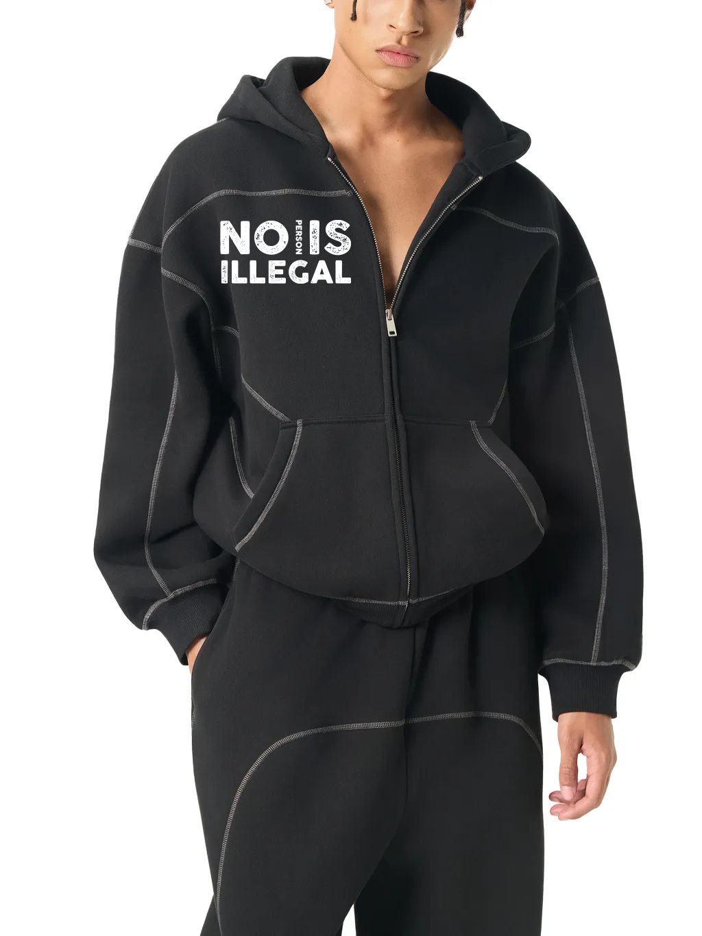 RESIST No person is illegal-Stitched Boxy Fleece Zip Hoodie